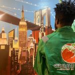 An artist from Cedar Creative Art crew painting a beautiful mural of an ultra modern city, with beautiful nighttime lightening